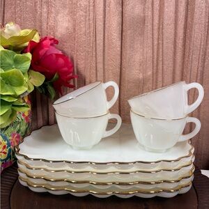 Vtg Anchor Hocking 8-Piece Milk White Classic Snack Set Gold Edge